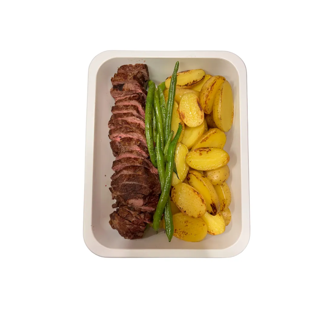 Hovädzí steak z roštenky, parené baby zemiaky a lusky